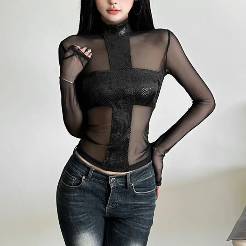 American Style Mesh Long Sleeved Bodysuit T-shirt Female Off Shoulder Sexy Chest Low Cut One Piece Tops Serpentine Cross T-shirt