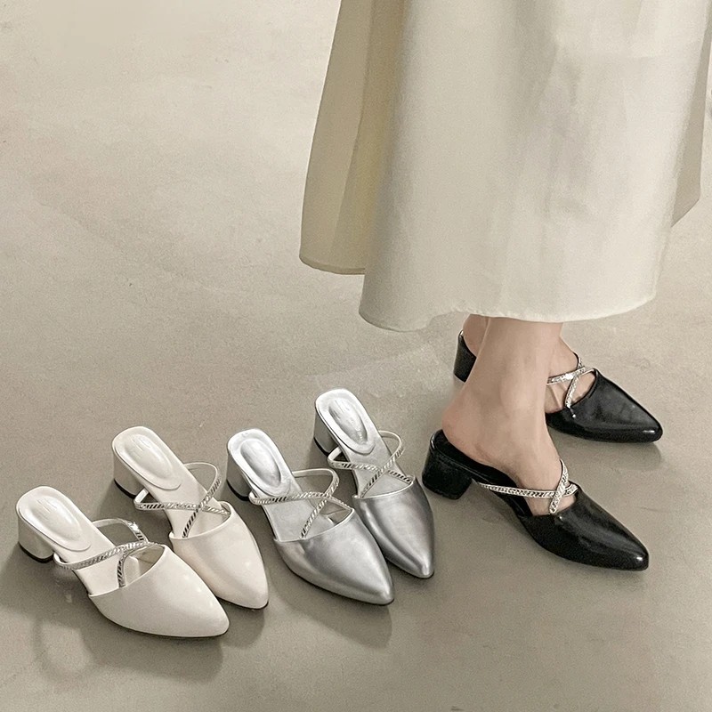 

Женские мюли-шлепанцы с закрытым носком, узким ремешком и толстым каблуком, украшенные кристаллами, для улицы, весна-лето, элегантные туфли-слингбэки