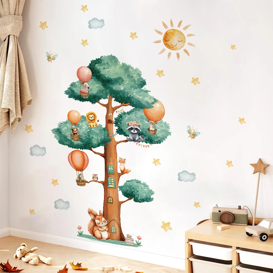 Whimsical Cartoon Tree & Animals Wall Decals - Removable Vinyl Stickers For Kids Room, Nursery & Playful Forest Theme Decor
