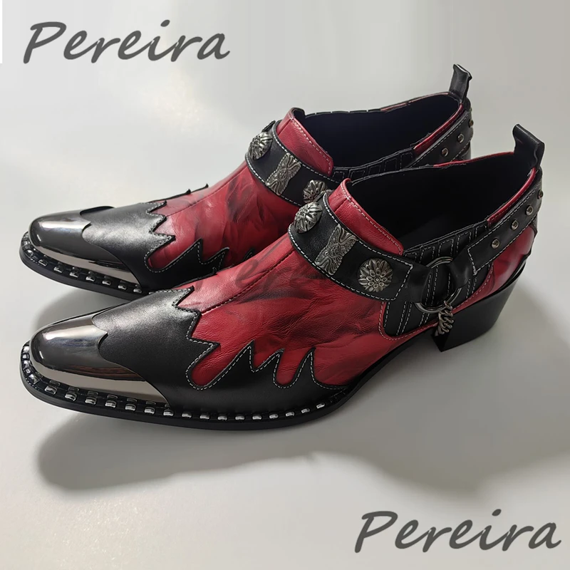 Metal Decor Rivet Strap Men's Dress Shoes Red Black Patchwork Iron Toe High Heel Loafers Banquet Party Casual Business Shoes