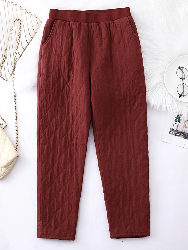 Vintage Literary Cotton-Padded Mommy Trousers 2024 New Female Thick Warm Quilted Harem Pants for Women Outerwear Pantalones