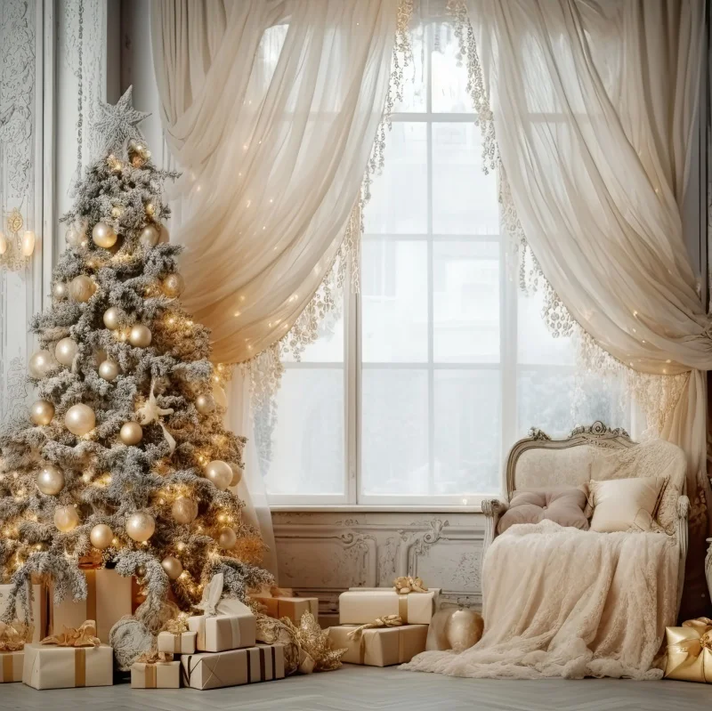 عيد ميلاد سعيد خلفية الشتاء الثلوج شجرة عيد الميلاد هدية نافذة ستارة حمراء التصوير خلفية الأسرة لوازم ديكور الحفلات