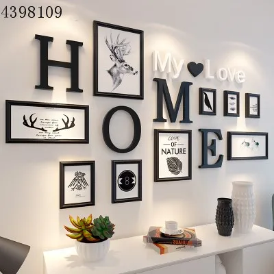 

European and American style 9pcs black white retro photo frame family wooden photo frame wall decoration photo frame combination