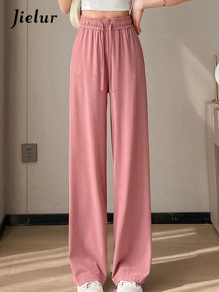 

Jielur Slim Straight Pure Color Women Pants High Waist Drawstring Full Length Loose Female Wide Leg Pants Pink Green Black Pants