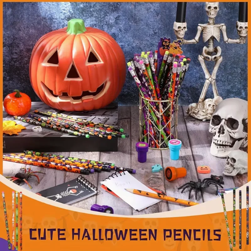 20pcs Random Color Halloween Theme Pencil Set with Eraser - Pumpkin, Skull, Bat and Spider Designs, Festival Stationery