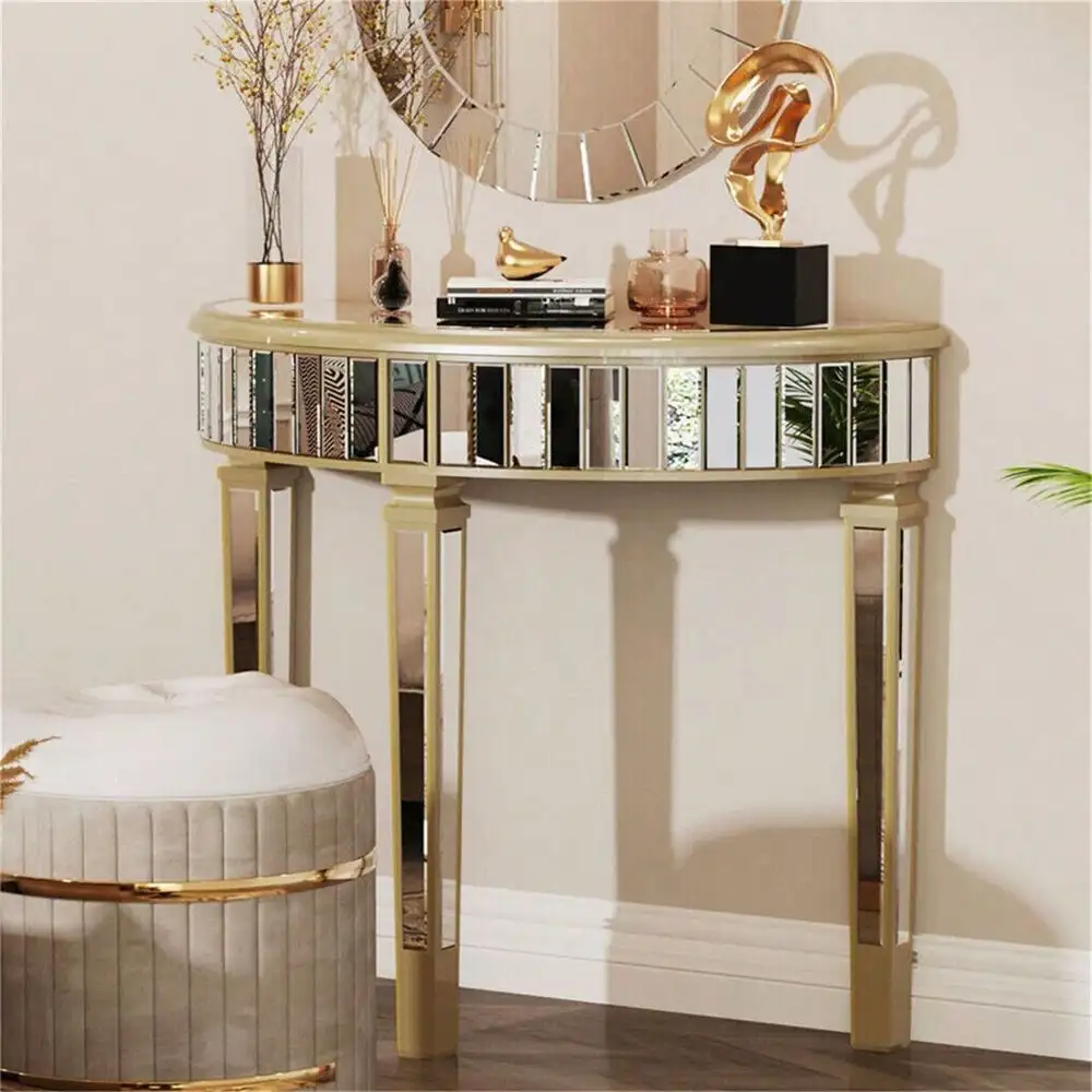 Ornate Half Moon Console Mirrored Table Furniture Entryway HD Glass Decor Table