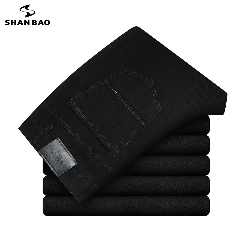 

SHAN BAO Brand Quality Pure Black Fit Straight Jeans Classic Business Casual Men's High Waist Fashion Trousers Midweight Pants