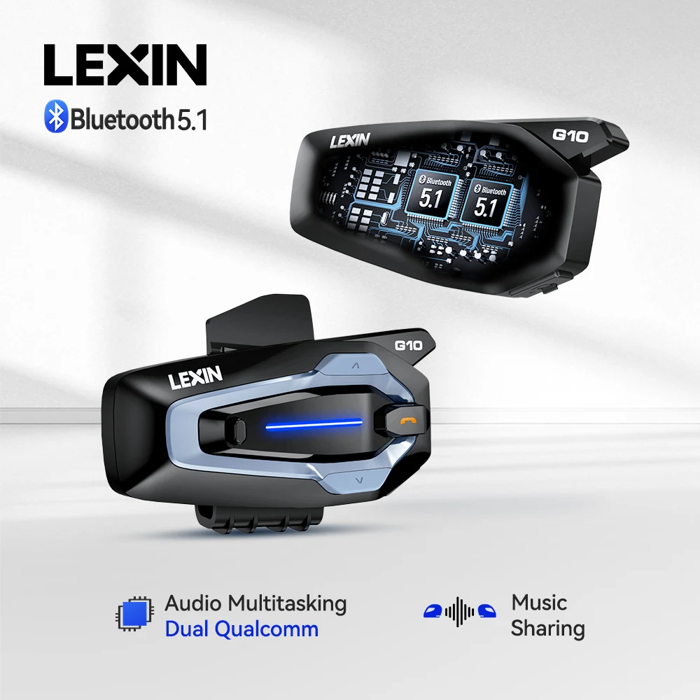 NEW-LEXIN G10 Motorcycle Helmet Intercom, 8 Riders Dual Qualcomm Bluetooth 5.1 Intercom, Parallel Audio- Intercom and Stream Mus