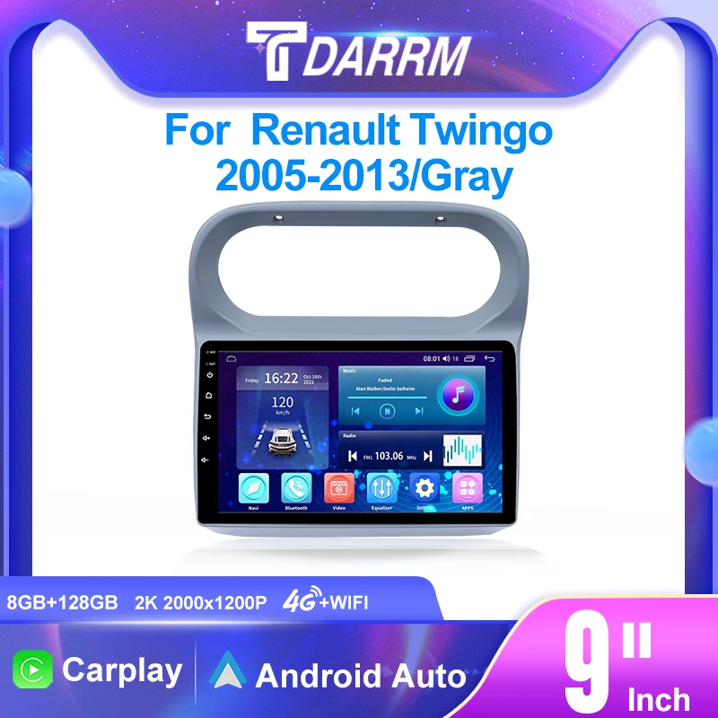 

For Renault Twingo 2005-2013 Gray Android12 Car Radio Multimedia Video Player GPS CarPlay 9 INCH Screen Head Unit 2K QLED Stereo