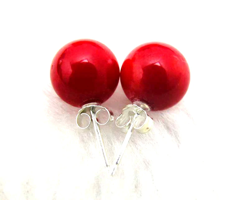 Qingmos Fashion 8mm Round Natural Red Coral Earring for Women with Personality Design Jewelry Antique Silver Plated Stud Earring