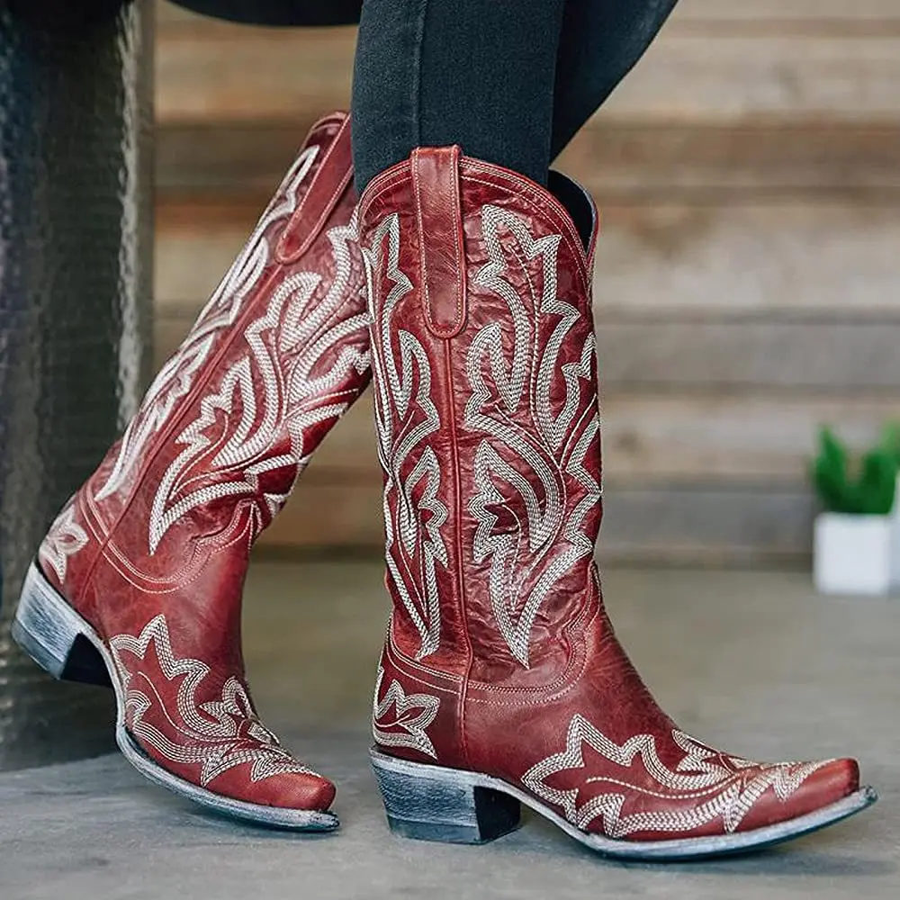 Ladies Boot Classic Embroidered Western Cowboy Boots Women Leather Cowgirl Boots Low Heel Shoes Knee High Woman Boots