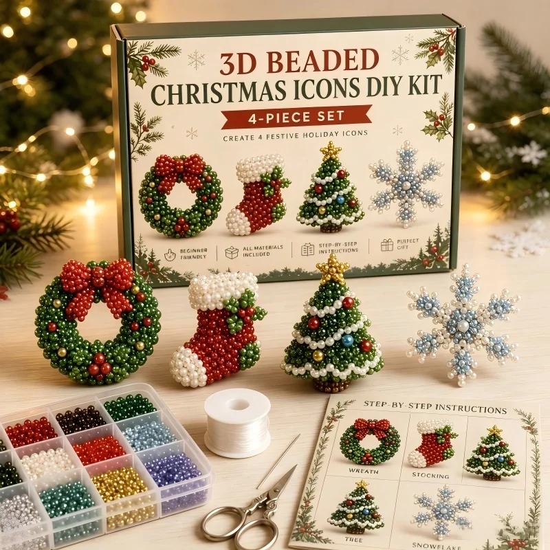 4PC Christmas Beaded DIY Kit Craft Set Ornament Xmas Tree Sock Wreath Snowflake  Handmade Beading Set for Christmas Decor Gift