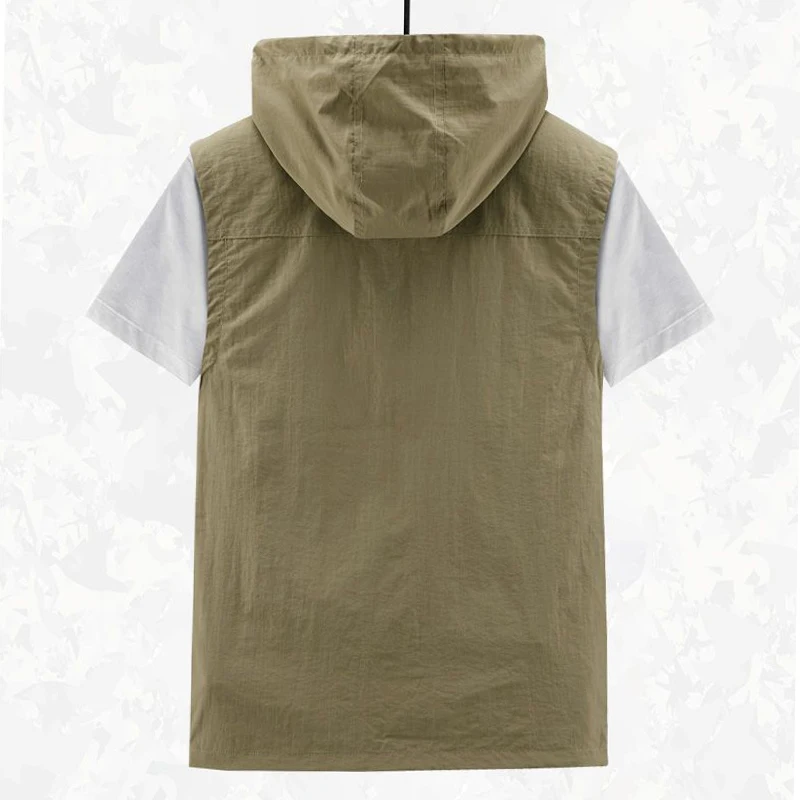 Spring New Outdoor Hooded Fishing Vest Mens Solid Breathable Multi-Pocket High Quality Vest Coat Detachable Hat Sports Vest Male