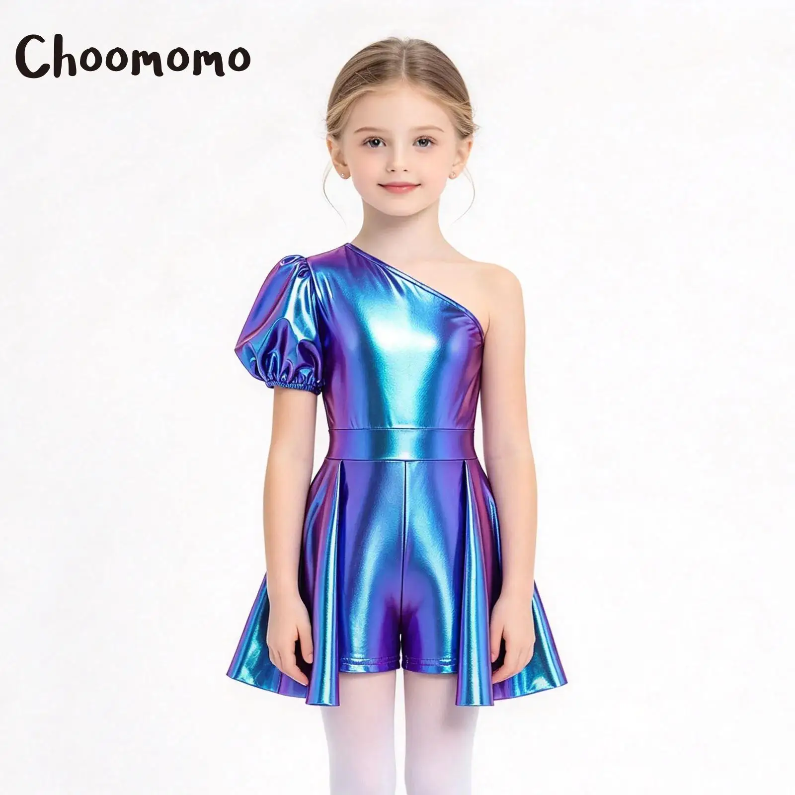 Kids Girls One Shoulder Metallic Jumpsuit Xmas Disco Jazz Dance Pageant Rompers Puff Sleeves Skirted Leotard Shiny Short Unitard