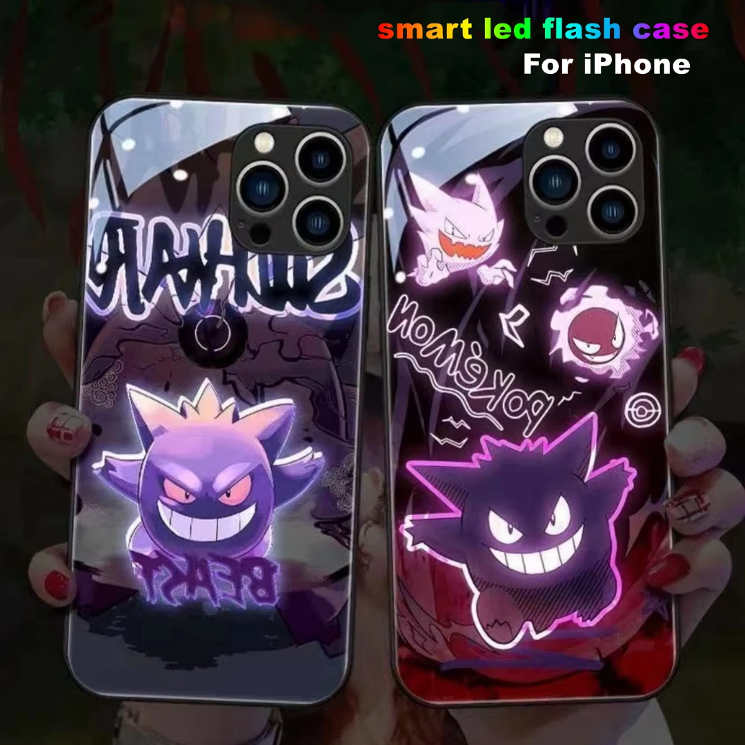 Cool Anime Gengar LED Flash Phone Case For iPhone 16 17 15 14 13 12 11 Pro Max XR XS Plus 7 8 SE2020 Japan Ghost LED Cover