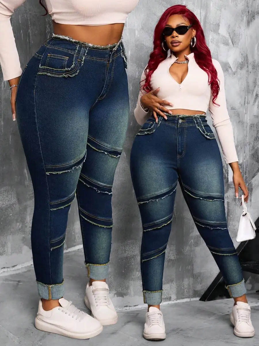 

Plus Size Women Blue Denim High Waist Distressed Skinny Jeans