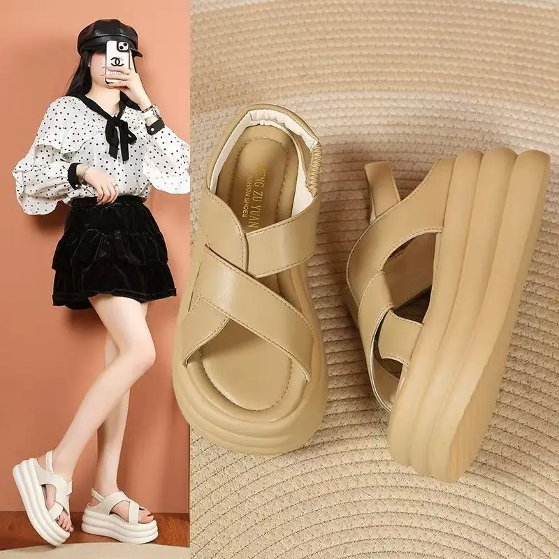 2024 Summer New Thick Sole Heightened Women\'s Sandals with Simple Crossover Platform Solid Color Casual Sandals