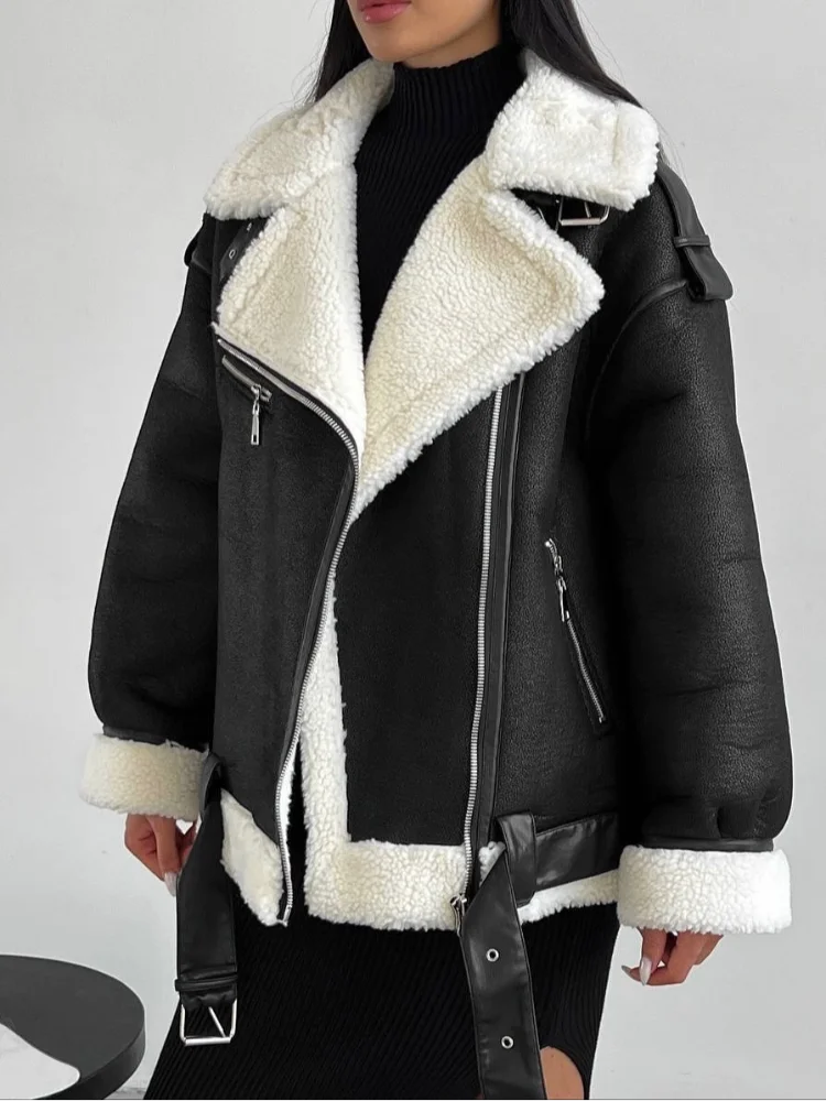 レディースファッション コントラストフェイクファー襟 レザージャケット ラペル Vネック レースアップ ジッパー ショートジャケット レディース 2025 ハイストリート アウター