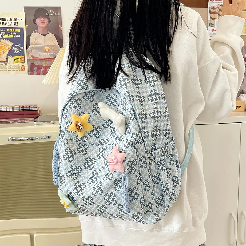 Sac d'école en nylon à fermeture éclair torsadée pied-de-poule pour filles et garçons, sac à dos tendance, documents d'abonnés, haute capacité, offre spéciale, 2024