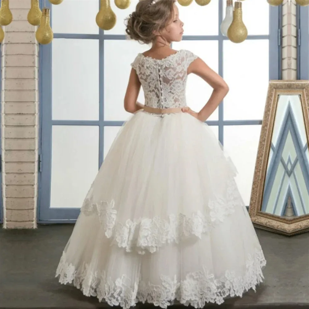 エレガントなフラワーガールドレス結婚式用レースアップリケ長袖リボンベルト小さな女の子初聖体拝領女の子ページェントパーティードレス