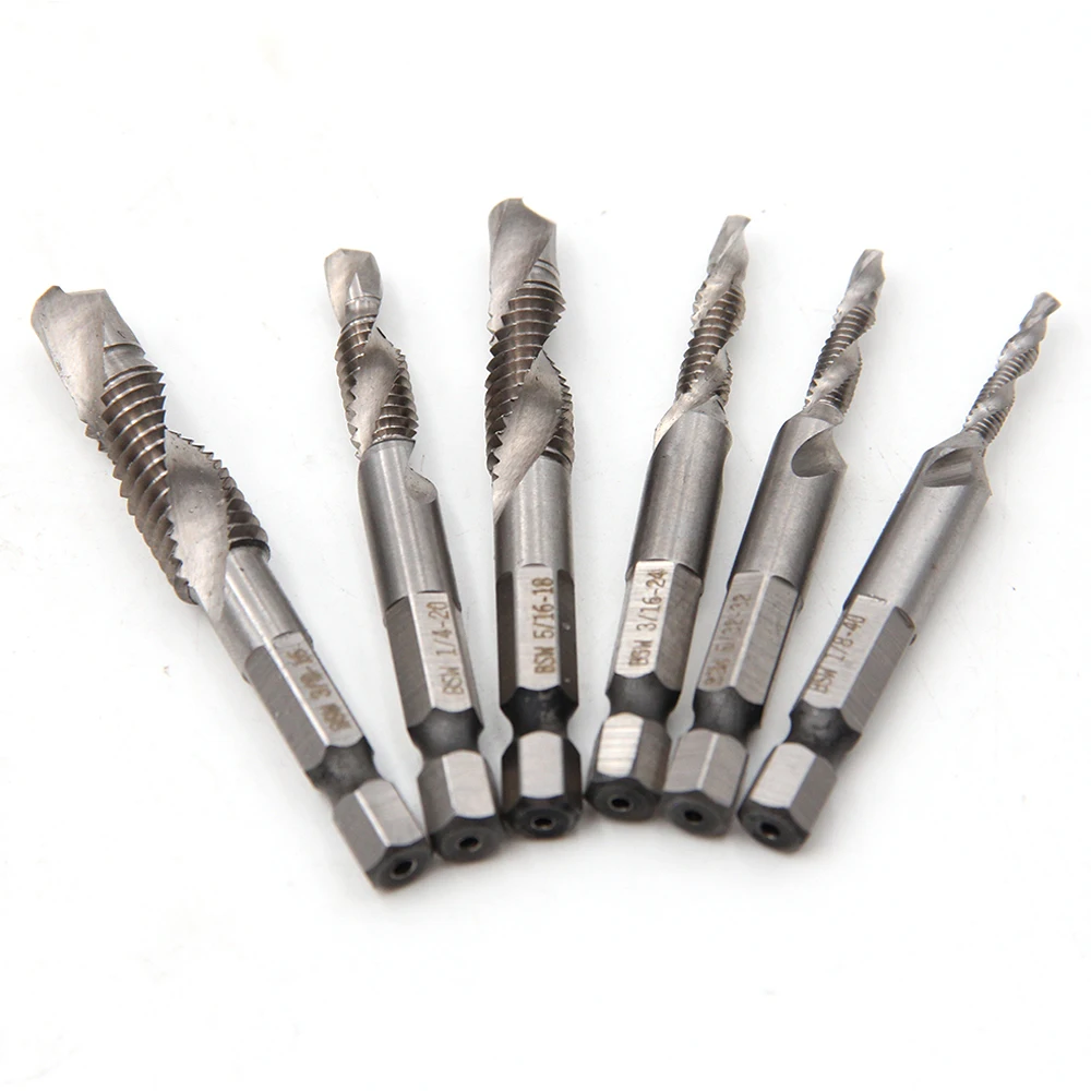 6PC British System Composite Tap High-speed Steel 4341 Machine Tap Opening Chamfer Tap Tool Drilling and Tapping Integrated Set