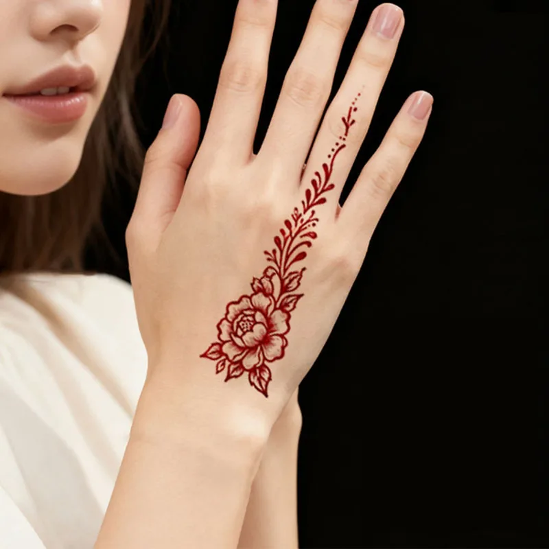 1P ملصق وشم مؤقت على شكل زهرة الفاوانيا الحمراء، مقاوم للماء والعرق، وشم مزيف، نمط زهرة فنية مرسومة يدويًا.