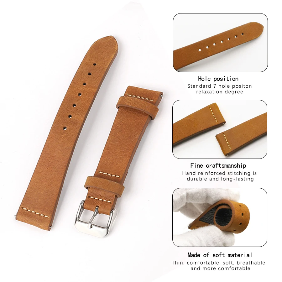 Oil Wax Leather Watch Strap Brown Gray Blue 19mm 20mm 21mm 22mm Watchband Handmade Stitching Quick Release Genuine Leather Strap