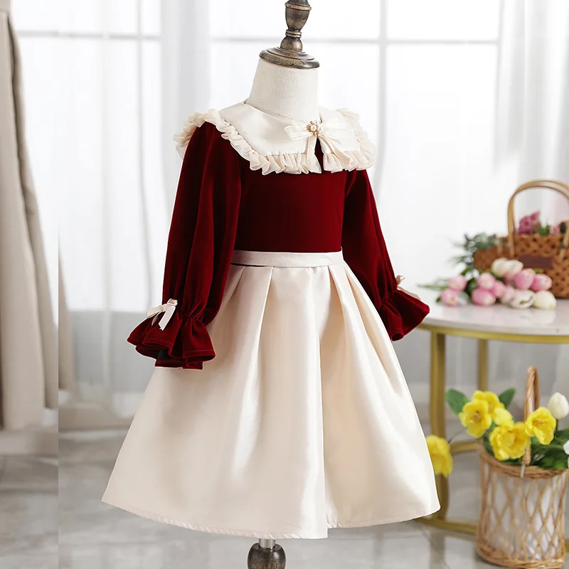 Baby Girl Princess Velvet Bow Beading Dress Ruffled Toddler Teen Child Elegant Vestido Party Wedding Pageant Baby Clothes 2-14Y