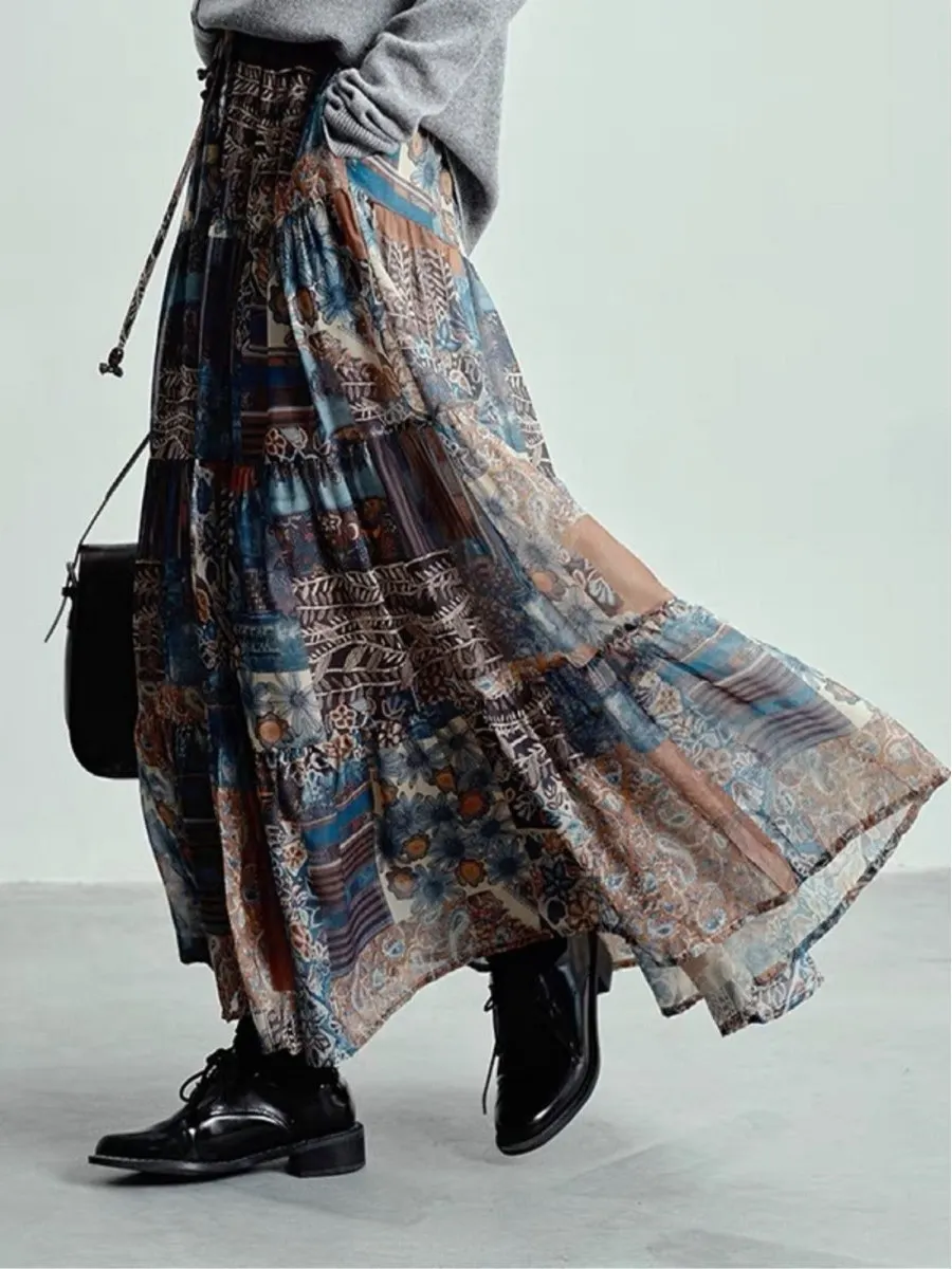 Ele บทคัดย่อพิมพ์ผ้าไหม f กระโปรง Vintage อเนกประสงค์ Draped Midi กระโปรงผู้หญิงฤดูร้อน 2025 ใหม่มาถึง