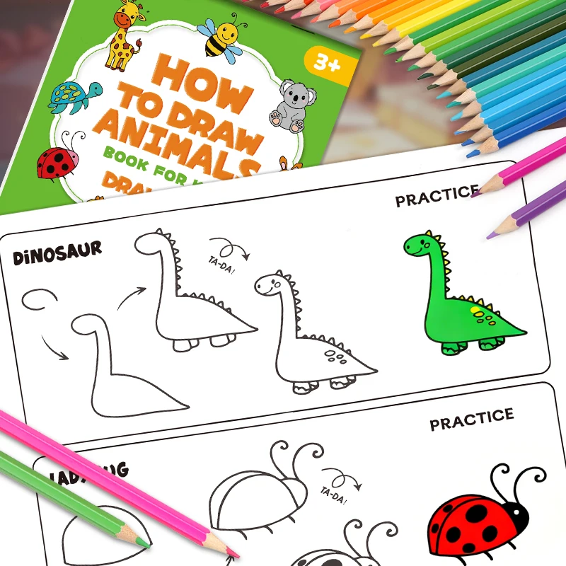 Teenagers' Green Animal Drawing Book - Children's Step-By-Step Drawing Art and Educational Toy, Featuring Cartoon Sharks, Rabbits, and Sheep Patterns, Suitable for Creative Writing and Painting, Birthday, Christmas Gift