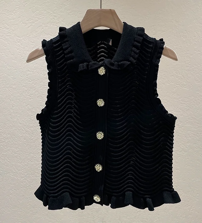 

High-End European Sle Svel Wave Pattern Olive een Knitted Vest + f Skirt Faion Set for Women Summer 2024