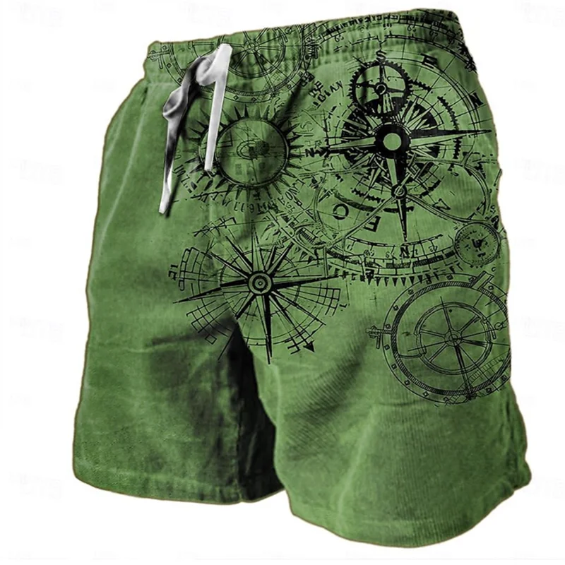 Vintage Compass Pattern Beach Short For Men Fashion Trend Summer 3D Printed Swim Trunks Loose Drawstring Streetwear Short Pants