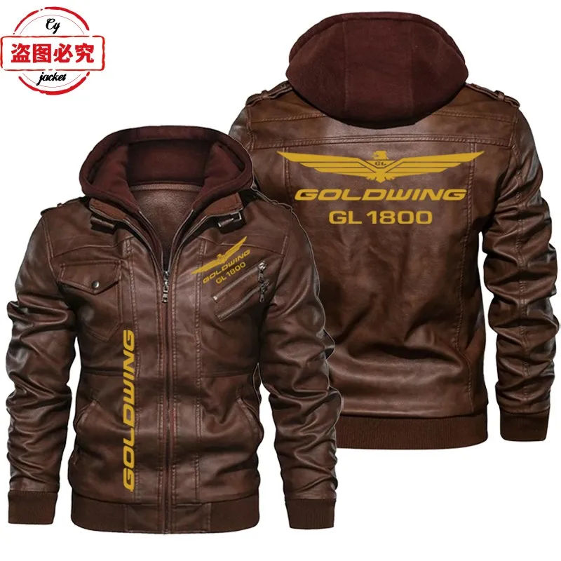 Golden Wing 1800 motorcycle LOGO retro washed pu leather jacket windproof men's hooded clip pickup team suit