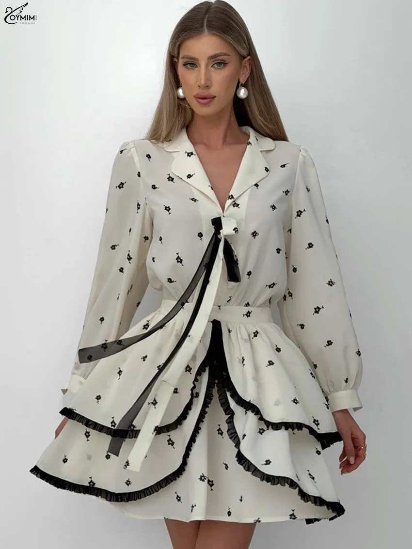 

Oymimi Elegant White Print Dresses 2025 Woman Fashion Lapel Long Sleeve Patchwork Button Dresses Casual Loose Pleated Mini Dress
