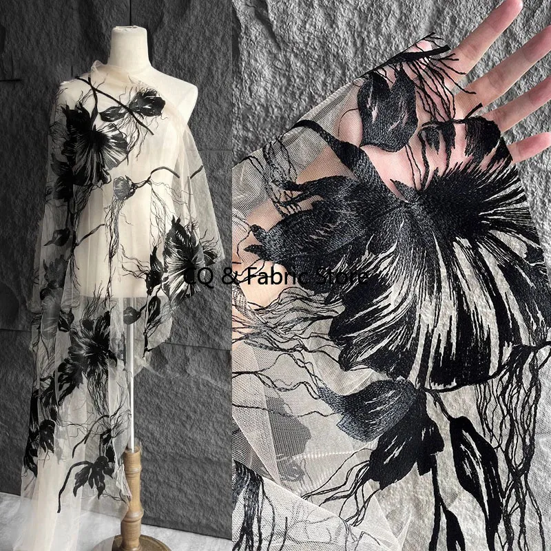 

Apricot Big Flower Embroidery Lace Mesh Fabric Evening Dress Designer Fabric Material Sewing Accessories By The Meter
