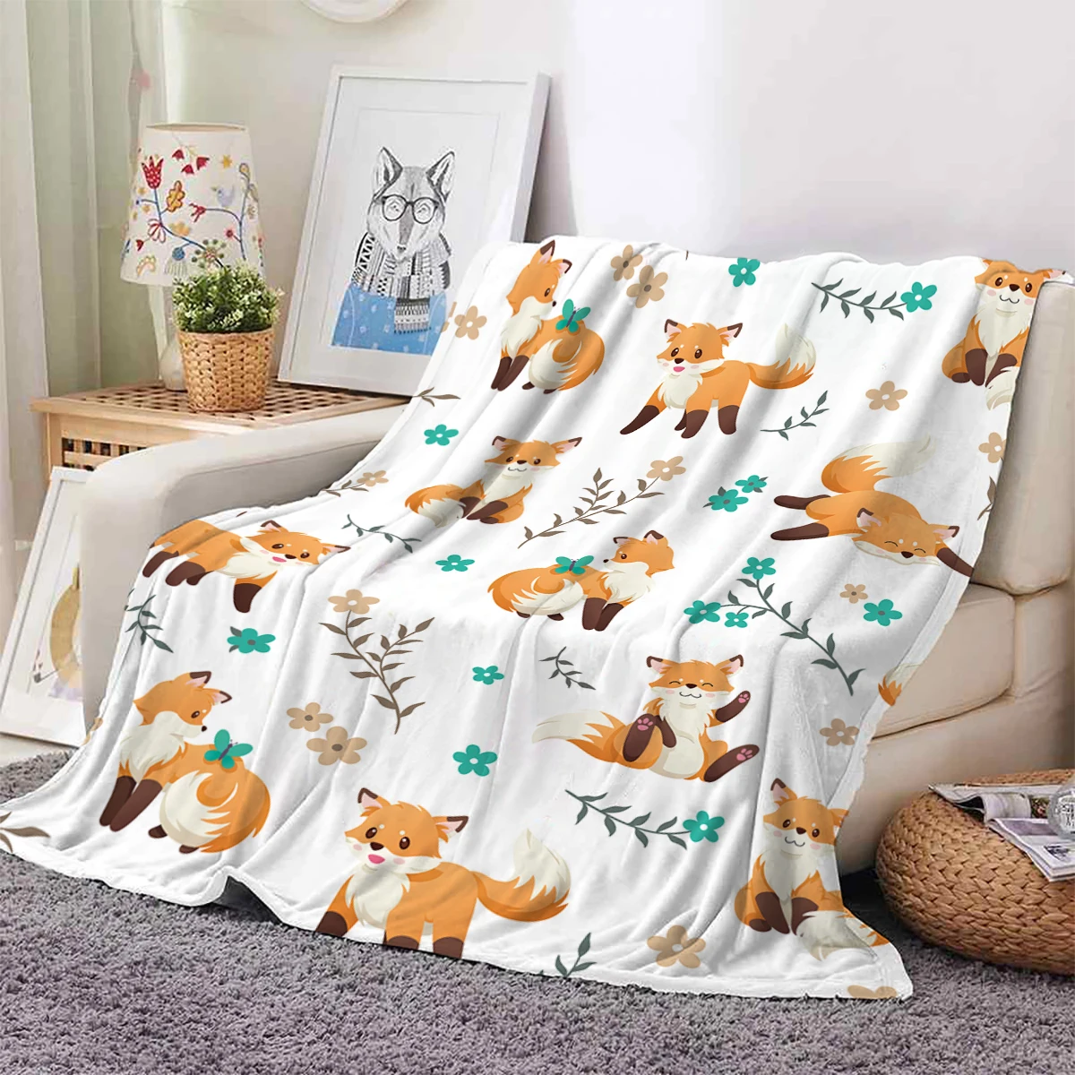 بطانية حيوانات غابة من الفانيلا على الوجهين ، طباعة رقمية ثعلب لطيف ، أريكة ، غطاء تكييف الهواء ، بطانية تخييم ، 1 روض #3