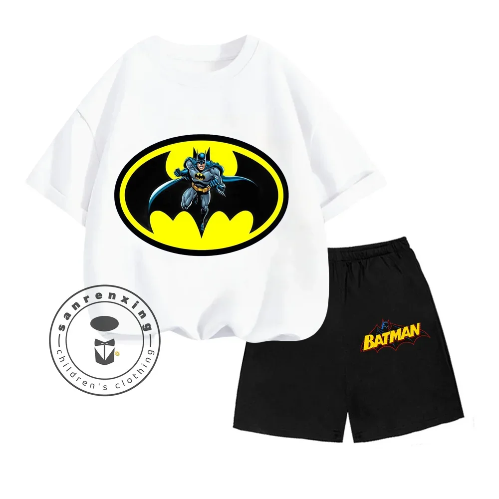 New Batman Anime Series Cartoon Character Print Design O-neck Exquisite Short Sleeves and Shorts Summer Children Two-piece Set