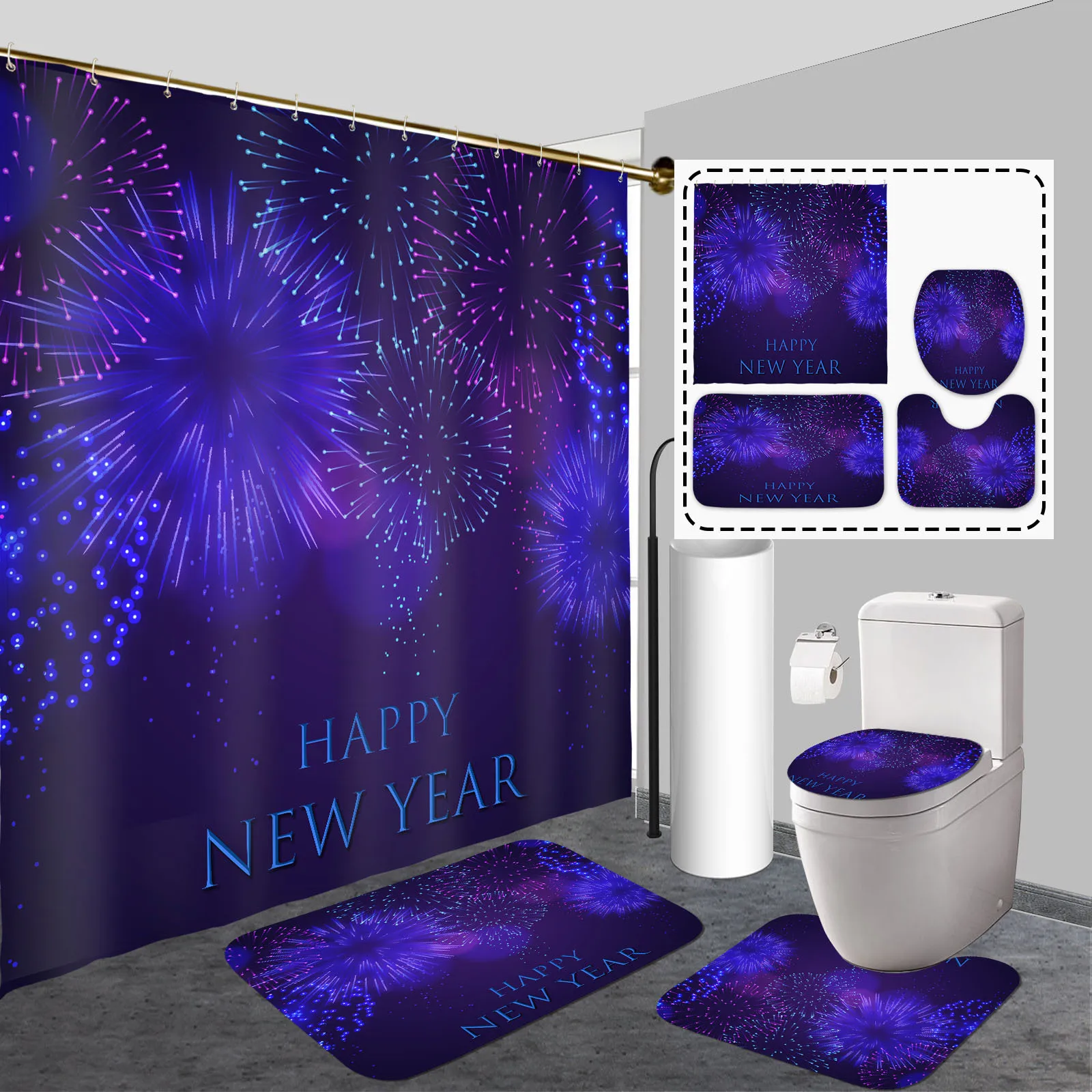

New Year Bathroom Set 4-Piece Set - Firework Print Polyester Shower Curtain with Non-Slip Rug and U-Shaped Toilet Seat