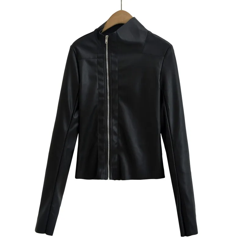 

Уличная одежда, женские куртки из искусственной кожи, нерегулярное пальто с боковой молнией, облегающее укороченное эластичное пальто, повседневная черная женская кожаная куртка в стиле панк