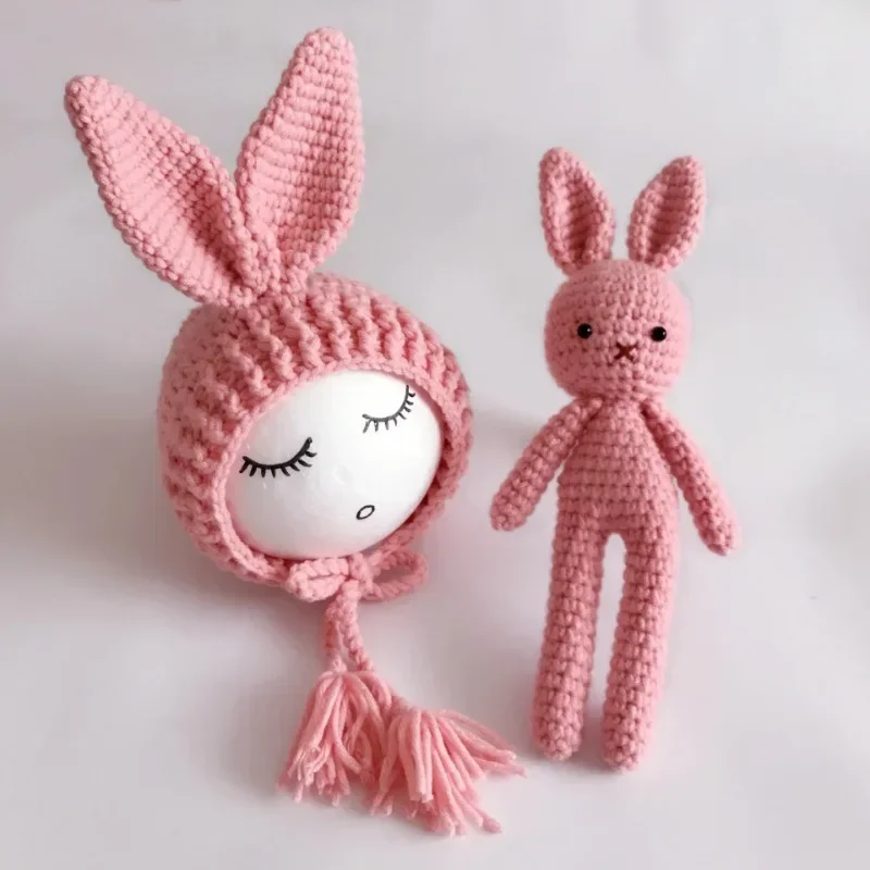 Cute Wool Rabbit Suits Props Newborn Photography Accessories Lovely Handmade Wool Knitting Bunny Hat and Rabbit Doll Toys Decor