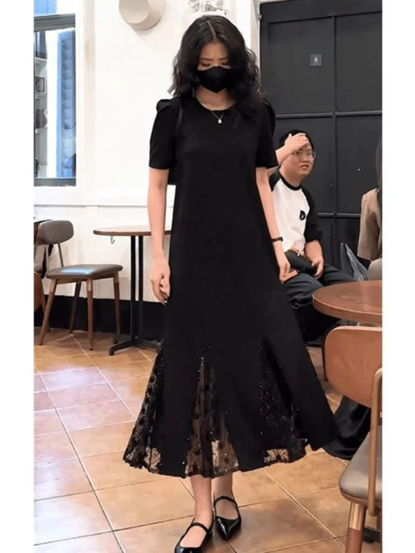 

plus Size Summer Dress Sequin Lace Splicing Short Sleeve Women's High Waist Fish Tail Long Dress Korean Style A-Line Skirt