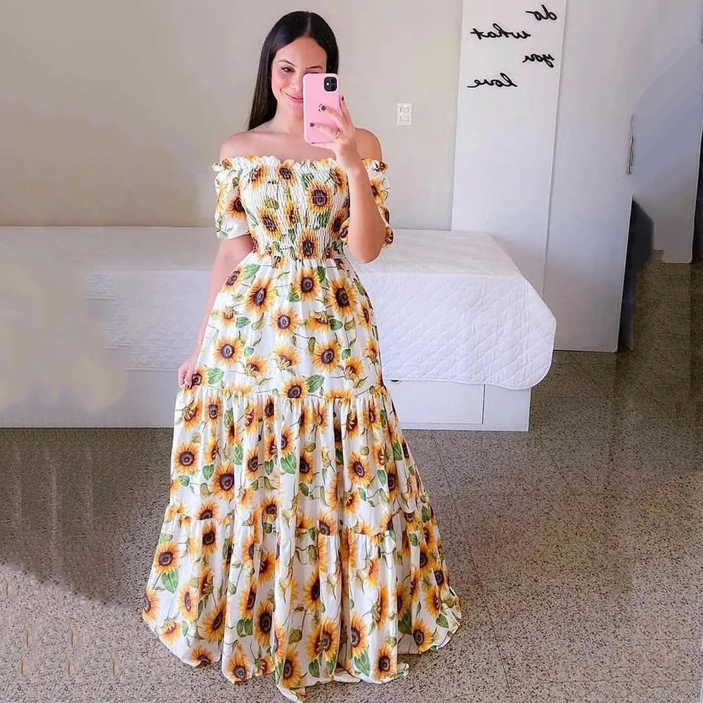 Spring Summer Sexy Off Shoulder Maxi Dress Woman Fashion Flower Print Short Sleeve Dresses For Women 2023 Elegant Party Robe