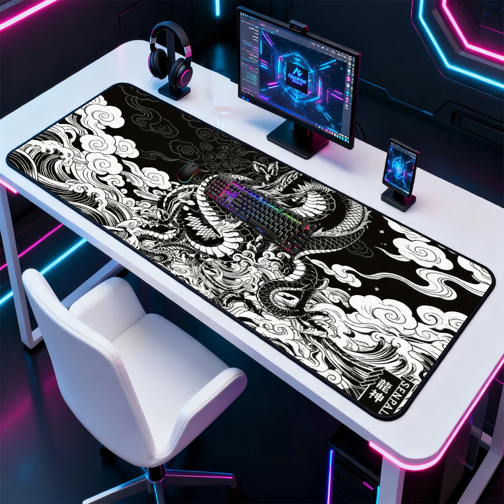 Very Large Desk Mat Dragon Computer Pad Black White Mouse Pad 1200x600 Chinese Deskpad Japan Pc Decoration Office Table Mat 1400