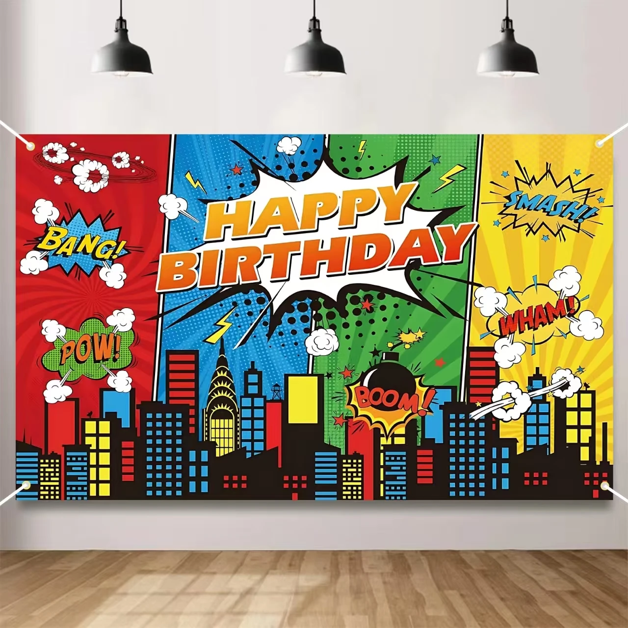 Superhelden-Themenhintergrund, Superhelden, Comic-Skyline, 1. alles Gute zum Geburtstag, Partyzubehör, Dekorationen, Babyparty, Heim-Wanddekoration