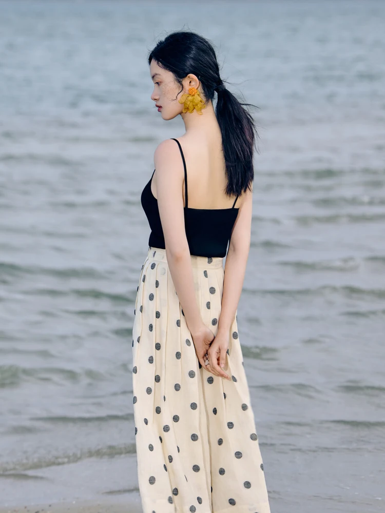 ZIQIAO 100% Linen Polka Dot Beach Style A-line Pleated Skirt for Women High Waist Vintage Mid-length Skirt Female Summer New