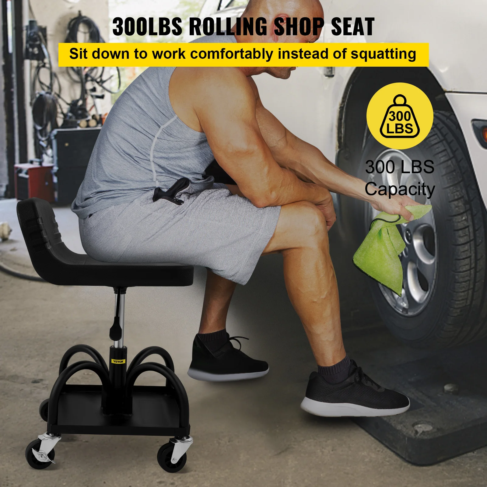 VEVOR Rolling Garage Stool Adjustable Height with 360-degree Swivel Wheels and Tool Tray for Workshop Auto Repair Shop