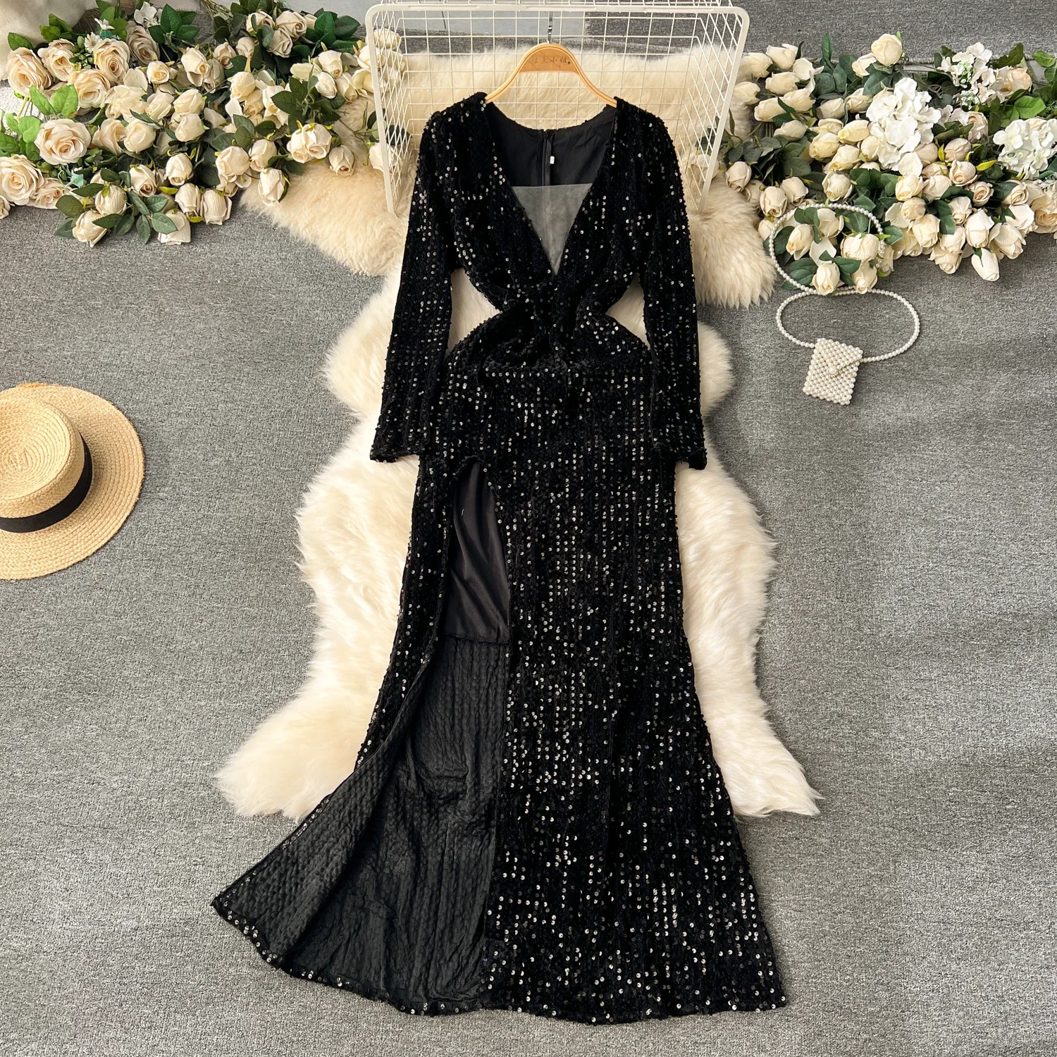 

Chic Sexy Sequins Dress Folds Solid V-neck Slit Long Sleeves Fashion Women Slim Autumn Winter Party