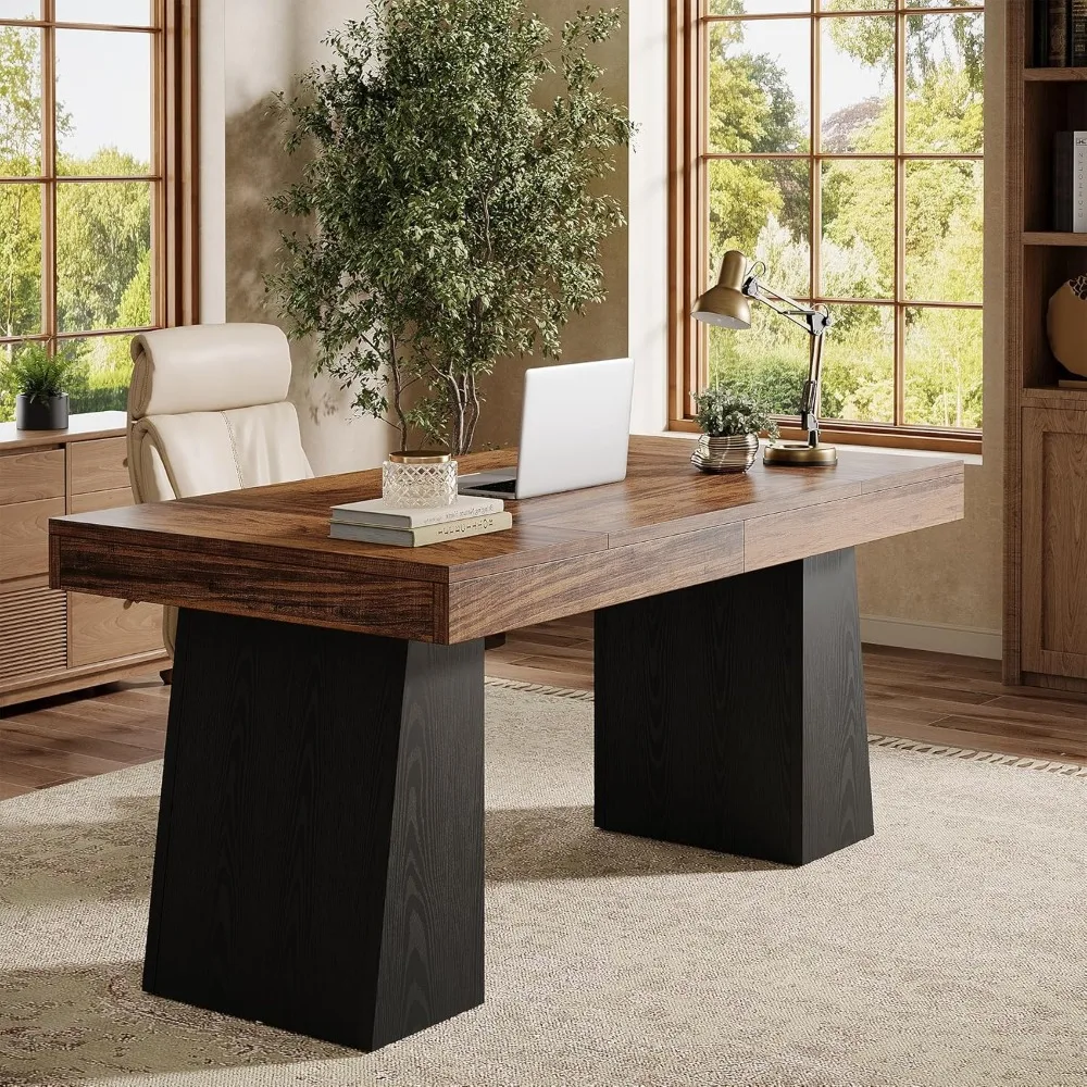 مكتب تنفيذي خشبي حديث بقاعدة مزدوجة، 55 طاولة كتابة كمبيوتر للمكتب المنزلي بتصميم بسيط #3
