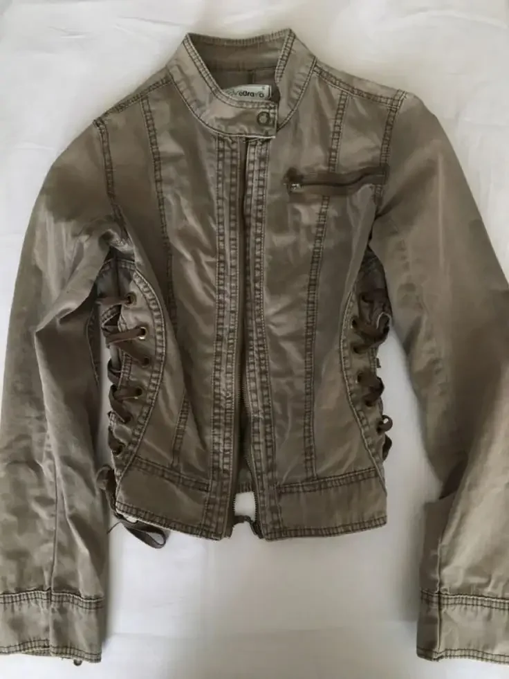 Y2K Bomberjacke Damen Harajuku Stehkragen Reißverschlussjacke Gothic Armeegrüne Motorradjacke Slim Fit Denim-Mantel