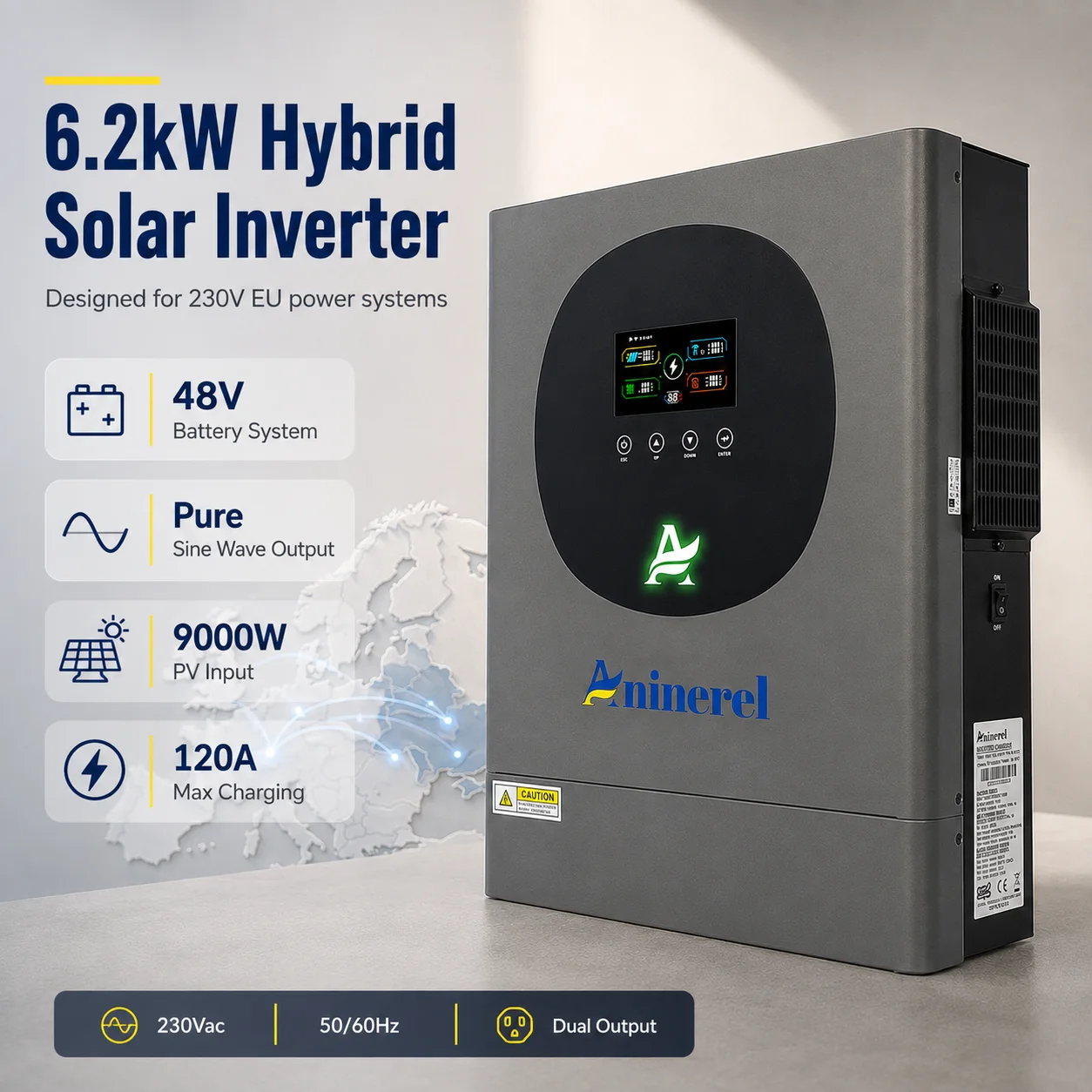 Aninerel NEW 6.2KW 4.2KW 24V/48V Hybrid Solar Inverter 220-230VAC household Built-in MPPT 100A 120A Charge Controller WiFi